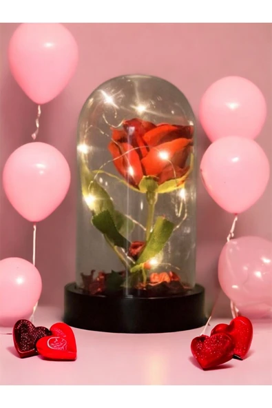 Fanusta Led Işıklı Kırmızı Yapay Gül Sevgiliye Özel Dekoratif Hediye Sevgililer Günü - Resim 3