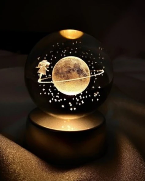 Renk Değiştiren Led Işıklı Satürn Kız Cam Küre Sevgiliye Eşe Sürpriz Hediye Satürn Cam Kız Küre STRGLBL75 - Resim 2