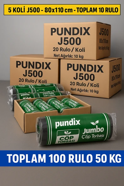 Pundix J500 Jumbo Boy Çöp Torbası 80X110 Cm 5 Koli (Toplam 100 Rulo  50 Kg)  Çift Kat 50 Mikron Endüstriyel Kalite Sızdırmaz Poşet  Ev, Ofis ve Bahçe Kullanımı Için Çöp Poşeti ürün görseli 1