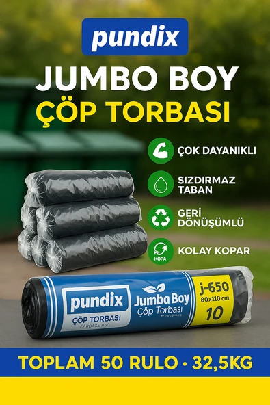 Pundix J650 Jumbo Boy Çöp Torbası 80X110 cm 5 Koli(Toplam 50 Rulo 32.5 Kg) Endüstriyel Kalın Dayanıklı Opp Ambalajlı Çöp Poşeti Seti Ev, Ofis, Bahçe ve Sanayi Kullanımı Için İdeal - Resim 5