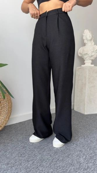 Yün Efekt Siyah Palazzo Pantolon - Resim 2