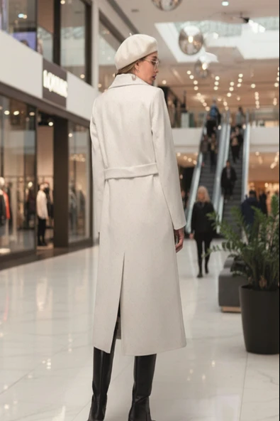 Ekru Kaşe Kadın Kaban - Resim 2