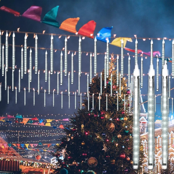 8 Saçaklı 50 cm Meteor Yağmuru Led Işık  Gün Işığı, Fişli, Hareketli Akan Efektli Dış Mekan Aydınlatma - Resim 4