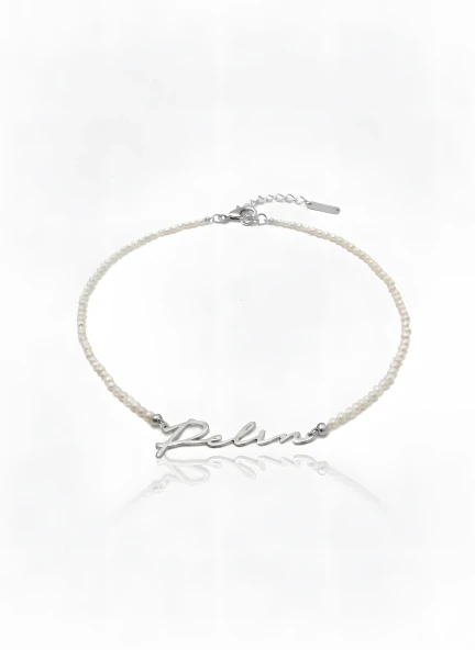 Yeni Trend Yatay İncili İsim Kolye - Gümüş ürün görseli 1