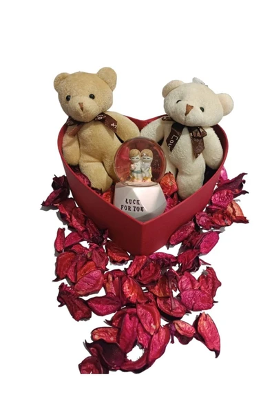 Sevgiliye Özel Günlere Hediye Kalp Kutuda Sevgililer Kar Küresi Mini Ayıcıklar Hediye Seti ürün görseli 1