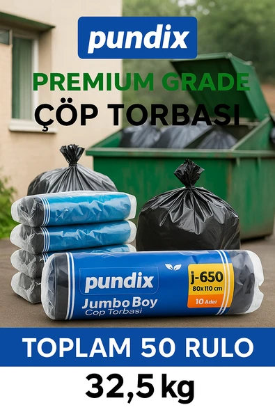 Pundix J650 Jumbo Boy Çöp Torbası 80X110 cm 5 Koli(Toplam 50 Rulo 32.5 Kg) Endüstriyel Kalın Dayanıklı Opp Ambalajlı Çöp Poşeti Seti Ev, Ofis, Bahçe ve Sanayi Kullanımı Için İdeal - Resim 6