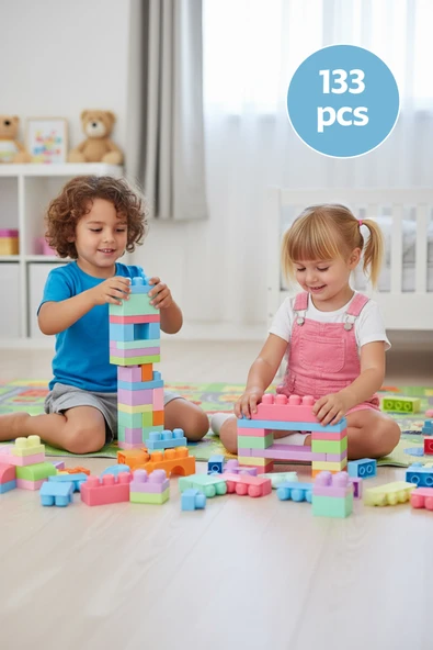 133 Parça Pastel Renkli Blok Oyuncak Seti – Saklama Kutulu , 1 Yaş ve Üzeri - Resim 2