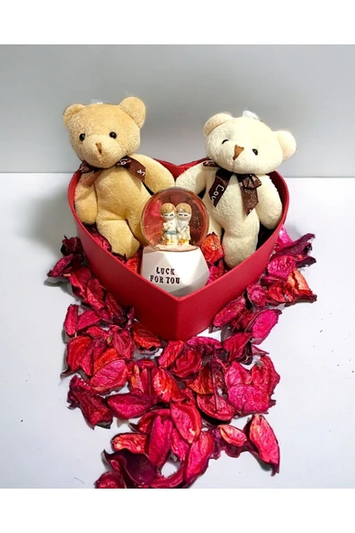 Sevgiliye Özel Günlere Hediye Kalp Kutuda Sevgililer Kar Küresi Mini Ayıcıklar Hediye Seti - Resim 3