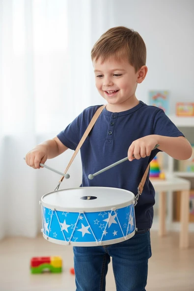 Yıldız Desenli Mavi ve Kırmızı Çocuk Davulu – Askılı, Bagetli, 25 cm, Müzik Aleti Oyuncak - Resim 4