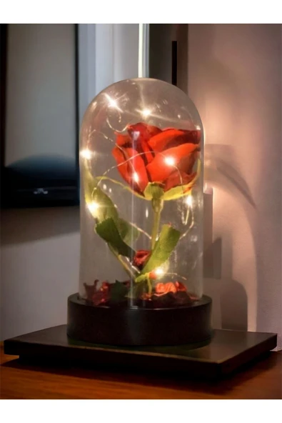 Fanusta Led Işıklı Kırmızı Yapay Gül Sevgiliye Özel Dekoratif Hediye Sevgililer Günü - Resim 5