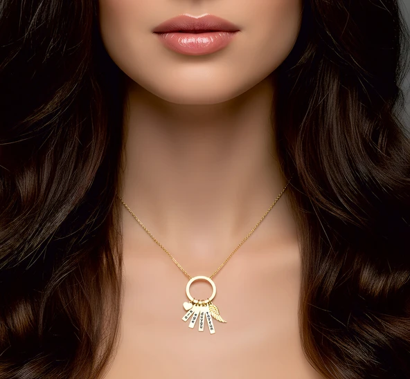 Çember Halkalı Gümüş Aile Kolyesi Melek Kalp - Rose - Resim 2