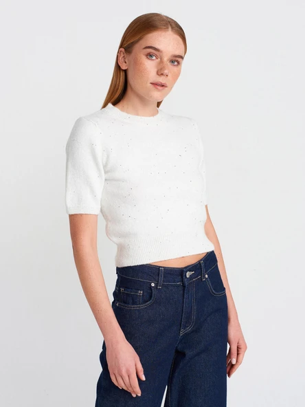 10703 DİLVİN BİSİKLET YAKA PULLU SİMLİ TRİKO KAZAK - Resim 3