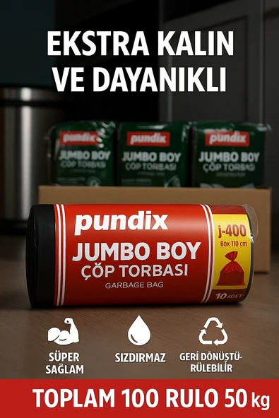 Pundix J400 Jumbo Boy Çöp Torbası 80X110 cm 5 Koli (Toplam 40 Kg) 100 Rulo (Her Biri 400 Gr) Çift Kat 45 Mikron Dayanıklı Çöp Poşeti Ev, Ofis, Restoran ve Endüstriyel Kullanım Için - Resim 6