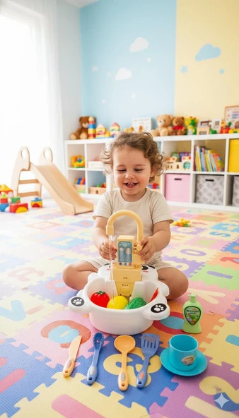 Pilli Dolaşımlı Pandalı Lavabo Seti 14 Parça Mutfak Oyuncak Seti - Resim 2