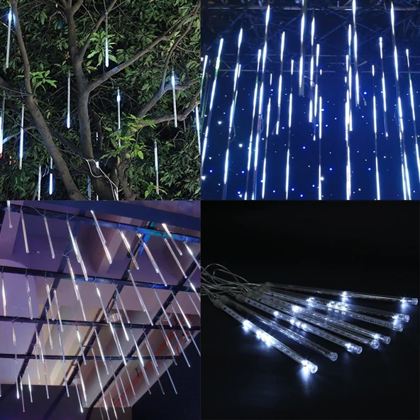 8 Saçaklı 50 cm Meteor Yağmuru Led Işık  Gün Işığı, Fişli, Hareketli Akan Efektli Dış Mekan Aydınlatma - Resim 3