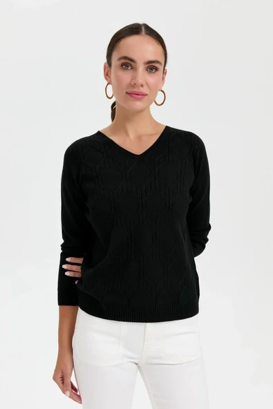 24187 DESEN TRİKO V YAKA DİKİŞSİZ ÖNÜ DESENLİ KAZAK - Resim 2