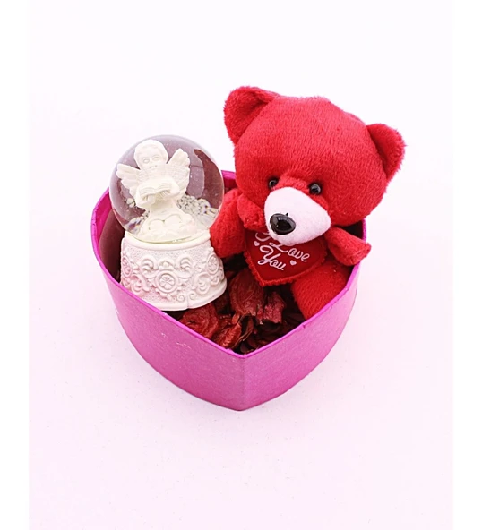 Sevgiliye Özel Günlere Dekorarif Şık Hediye Mini Ayıcık ve Melek Kar Küresi Hediye Kutusu Seti ürün görseli 1