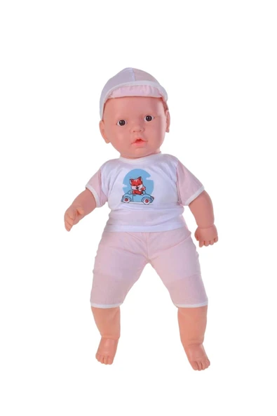 Pembe Şapkalı, Baskılı Kıyafetli 60 Cm Müzikli Kel Oyuncak Bebek - Resim 4