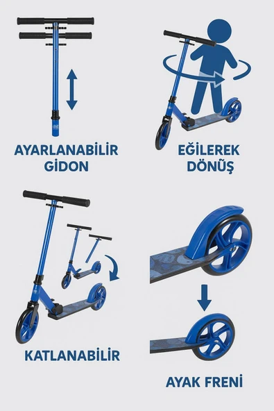 Dude 2 Teker Katlanabilir Kırmızı Scooter - Ayarlanabilir Direksiyon, Destek Ayağı, Eğimle Yönlendirme , 8+ Yaş, 50kg - Resim 5