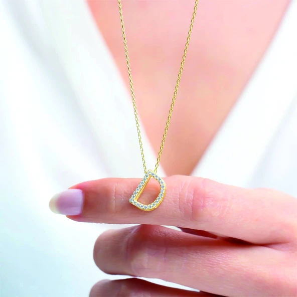 Işıltılı Prizma D Harfi Gümüş Kolye - Rose - Resim 2