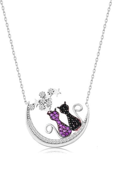 925 Ayar Gümüş Taşlı Kedi Kolye - Gümüş ürün görseli 1