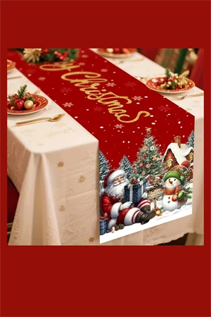 Ekstra Uzun Noel Masa Örtüsü | Bordo / Altın / Yeşil / Gri / Kahverengi Seçenekli Polyester Yılbaşı Sofra Dekoru (1 Adet) - Resim 6