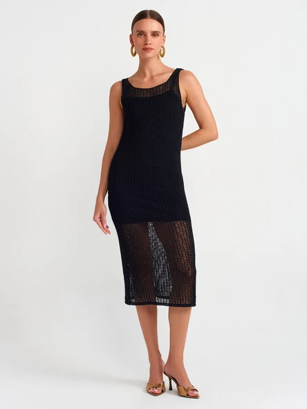 90206 DİLVİN ASKILI AJURLU ASTARLI TRİKO ELBİSE ürün görseli