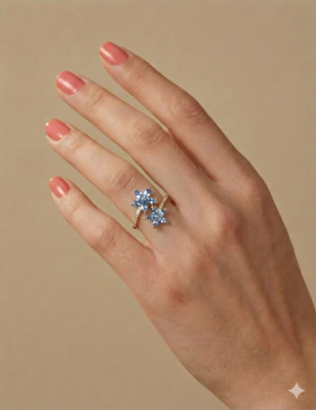 Mikro Taşlı Mavi Kardelen Çiçeği Gümüş Yüzük - Gümüş - Resim 2