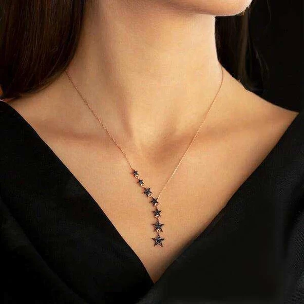 925 Ayar Gümüş Sıralı Siyah Yıldız Kolye - Rose - Resim 2