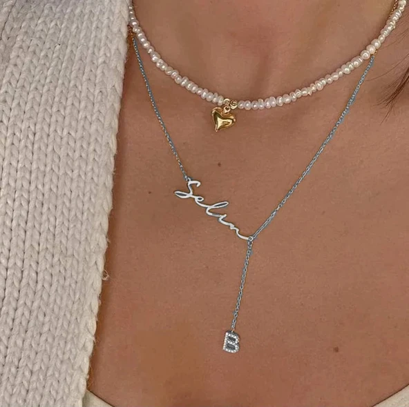 Yeni Taşlı Harf İsimli Gümüş Kolye - Gümüş - Resim 2