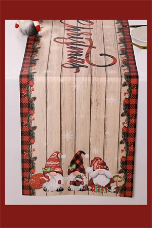 Noel Masa Örtüsü 35x180 cm | Kırmızı Yeşil Cüce ve Kar Taneli Desen | Dayanıklı Polyester Yılbaşı Masa Dekoru - Resim 4