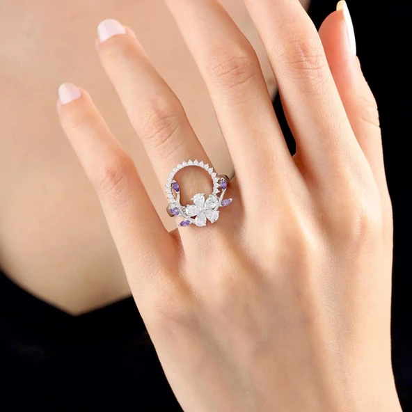Pırlanta Montür Ametist Tacı Flowers Gümüş Yüzük - Altın ürün görseli 1