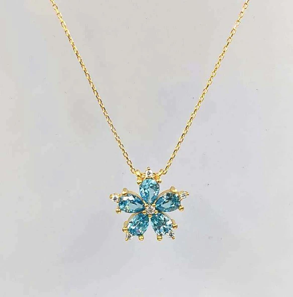 Damla Mavi Taşlı Gümüş Çiçek Kolye - Altın ürün görseli 1
