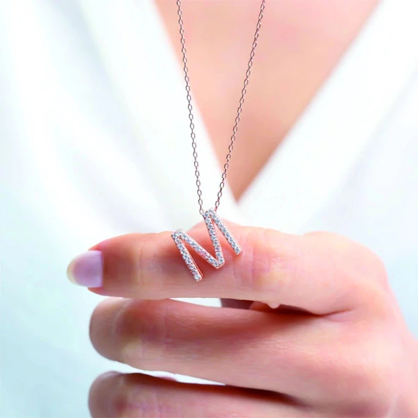 Işıltılı Prizma M Harfi Gümüş Kolye - Altın - Resim 2