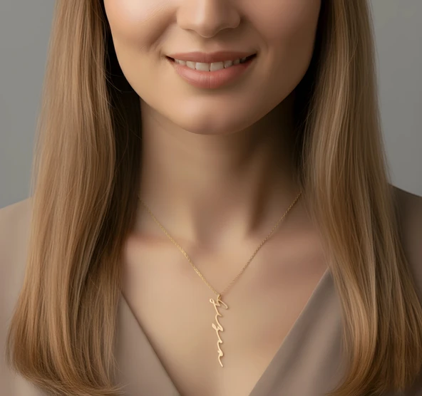 Yeni Trend Dikey Imza 925 Ayar Gümüş Kolye - Rose - Resim 2