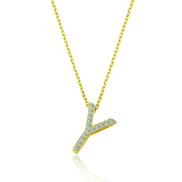 Işıltılı Prizma Y Harfi Gümüş Kolye - Altın ürün görseli 1