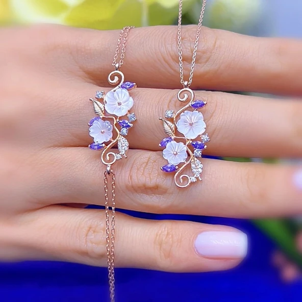 Ametist Taşlı Manolya Çiçeği Sevgi Bahçesi Flowers Gümüş Bileklik - Rose - Resim 2