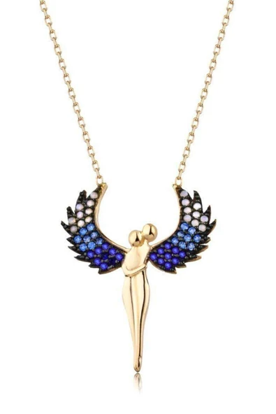 925 Ayar Gümüş Renkli Taşlı Melek Sevgili Kolye - Altın ürün görseli 1