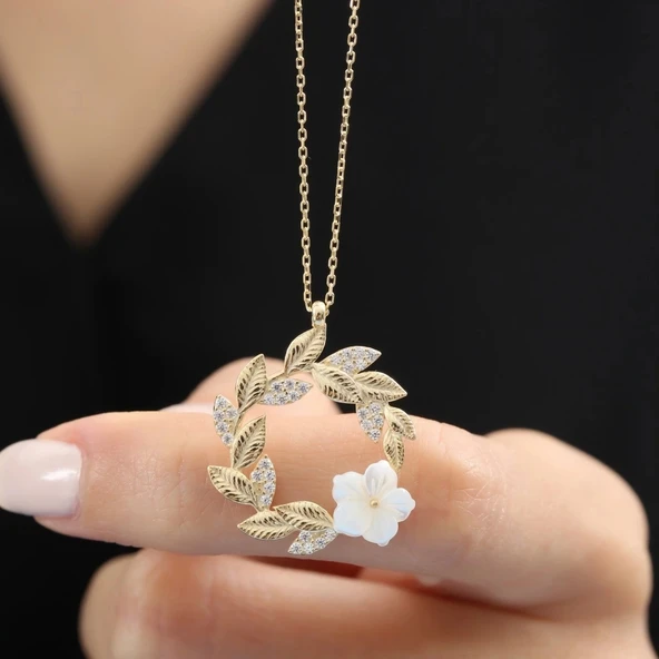 Gelin Buketi Manolya Çiçeği Flowers Gümüş Kolye - Altın - Resim 2