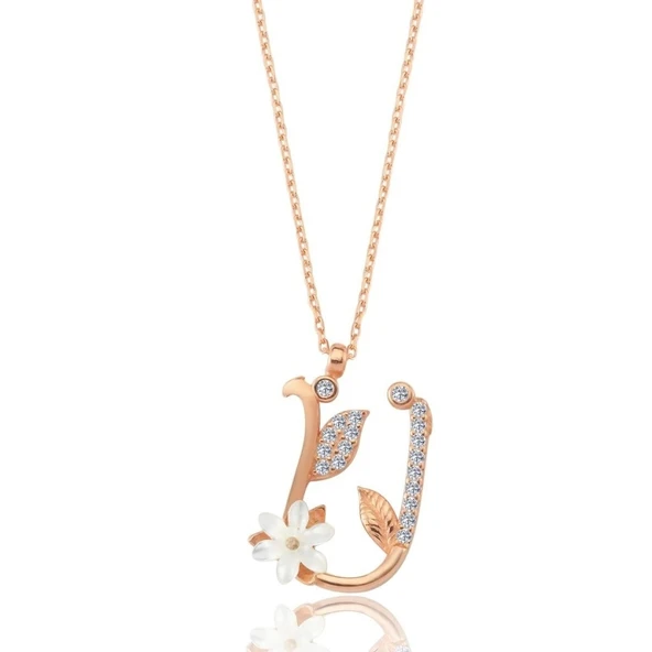 Işıltılı Manolya Çiçeği Ü Harfi Gümüş Harfli Kolye - Rose ürün görseli 1