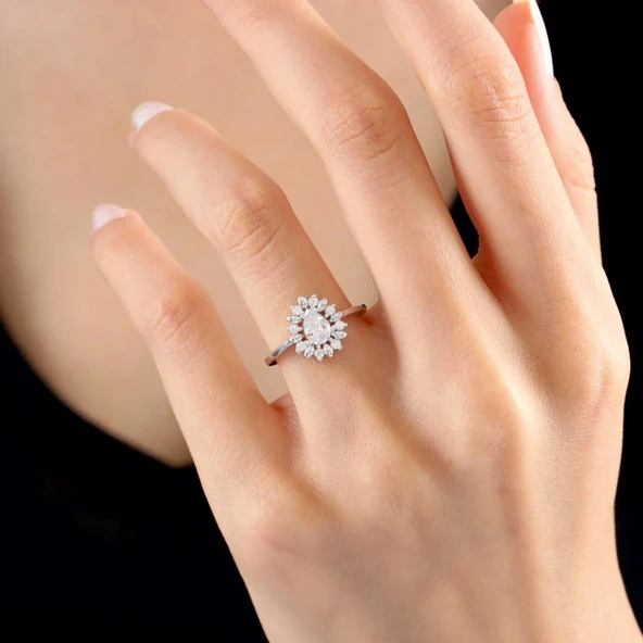 Pırlanta Montür Yağmur Tanesi Işıltılı Gümüş Yüzük - Rose ürün görseli 1