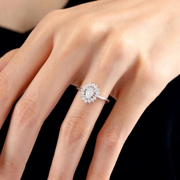 Pırlanta Montür Yağmur Tanesi Işıltılı Gümüş Yüzük - Altın - Resim 2