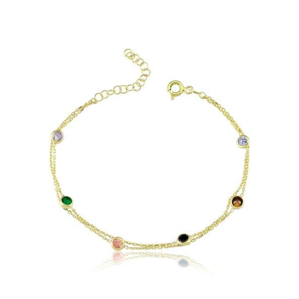 Renkli Tutkular İkili Gümüş Bileklik - Altın ürün görseli 1