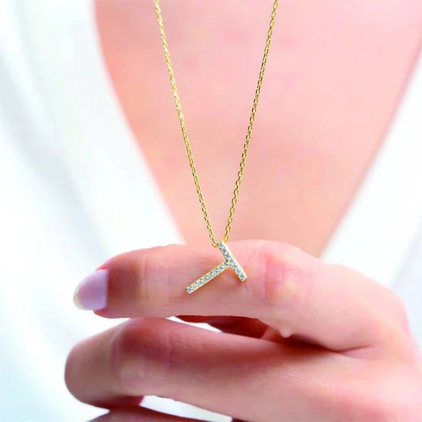 Işıltılı Prizma T Harfi Gümüş Kolye - Gümüş - Resim 2