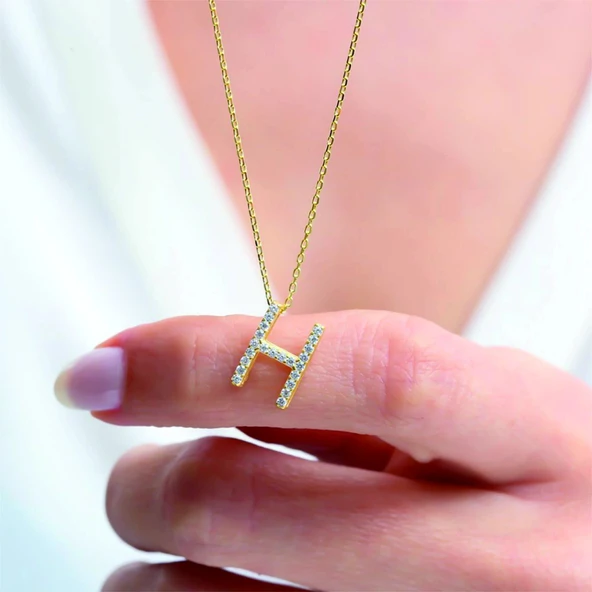 Işıltılı Prizma H Harfi Gümüş Kolye - Rose - Resim 2