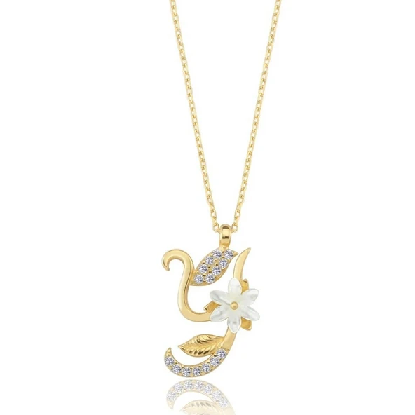 Işıltılı Manolya Çiçeği Y Harfi Gümüş Harfli Kolye - Altın ürün görseli 1