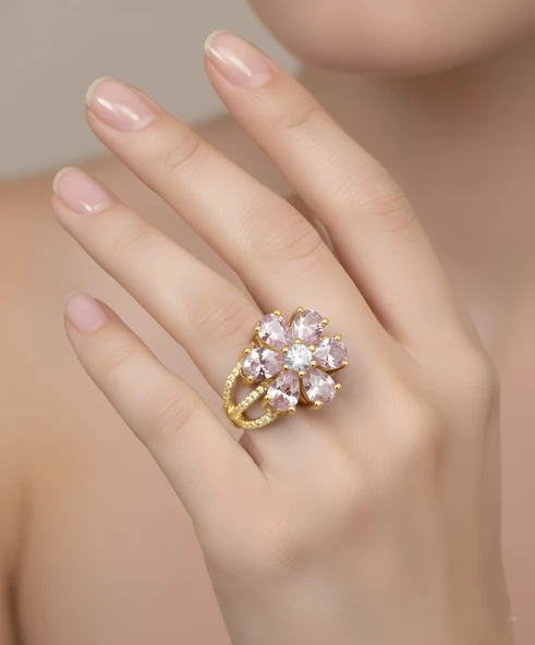 Pembe Taşlı Sevgi Çiçeği Gümüş Yüzük - Gümüş - Resim 5