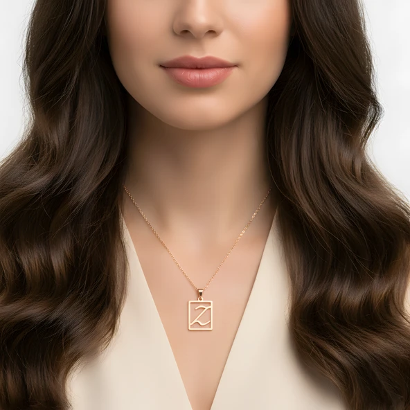 Çerçeveli Harf Gümüş Kolye - Rose - Resim 2