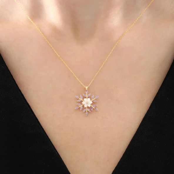 Ametist Taşlı Kar Çiçeği Flowers Gümüş Kolye - Rose - Resim 4