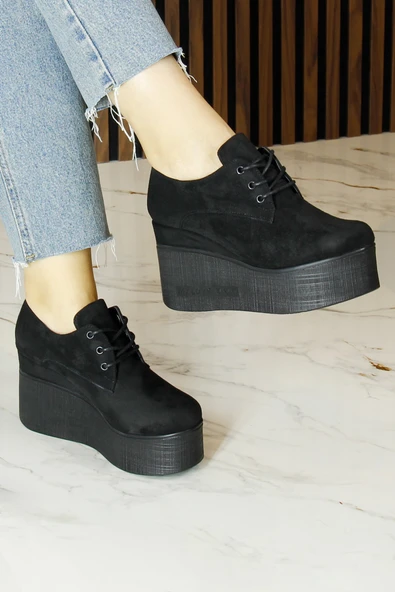 Erkan Saçmacı Apricity Siyah Süet Yuvarlak Burun Bağcıklı Gizli Dolgu Topuklu Günlük Ayakkabı - Resim 3